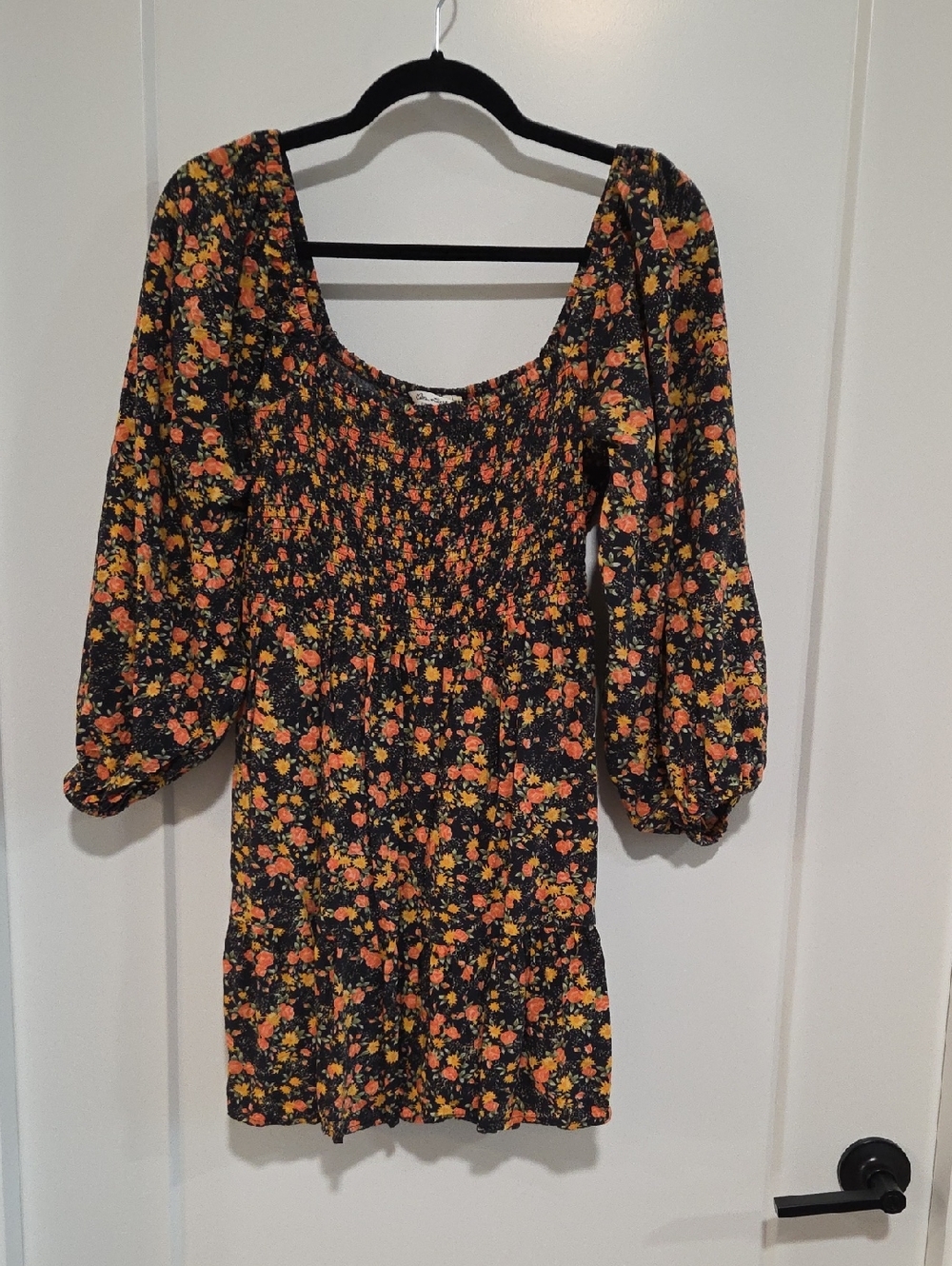Floral Smocked Mini Dress - Black with Orange & Yellow Floral
